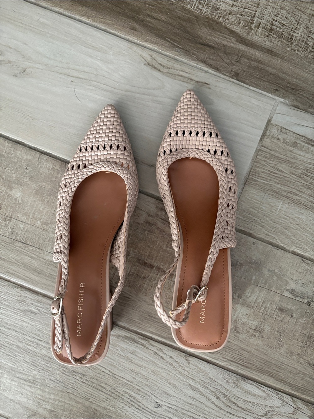 Marc Fisher Blush Pink Woven Pointed Slingback Mules
